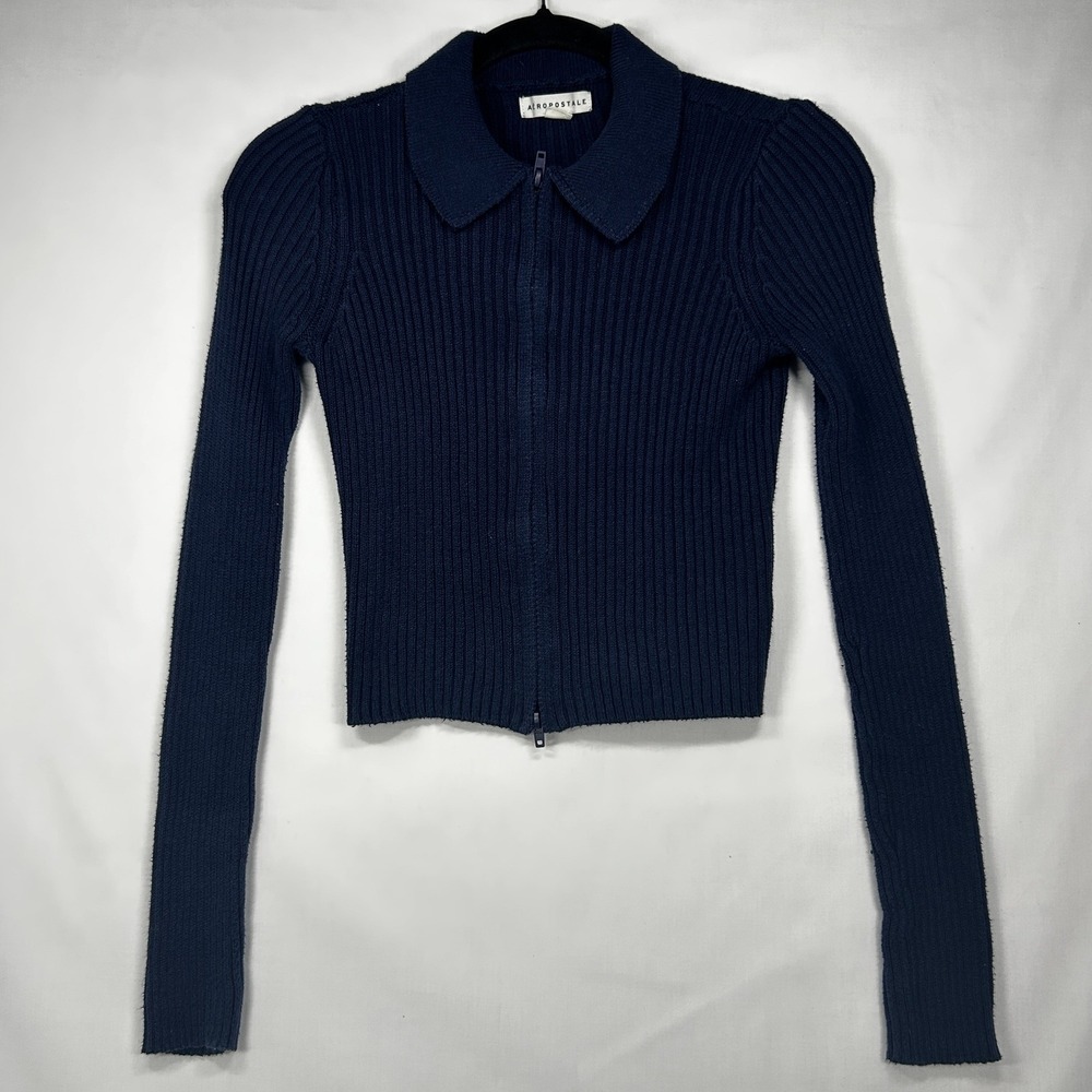 Aeropostale Navy Blue Ribbed Knit Collared Zip-Up Cardigan S